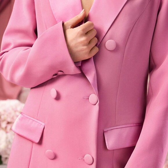 Pink Elegant Women's Fall Lapel Collar Color Block Business Casual Blazer Jacket - Picture 7 of 8